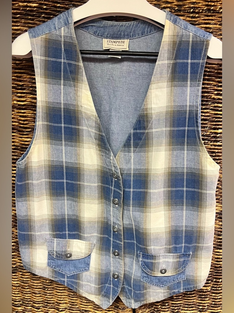 Stampede -Vintage, Wonens Blue Plaid Button Front Vest-Medium, Made in USA